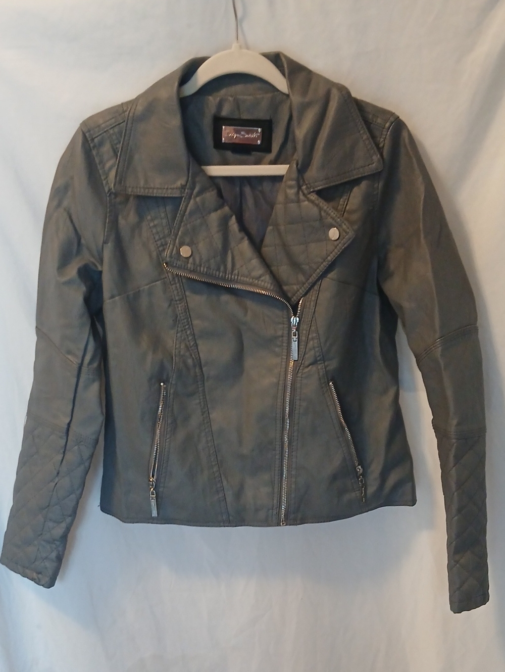 Womens Quilted Faux Leather Moto Jacket - Charcoal Gray